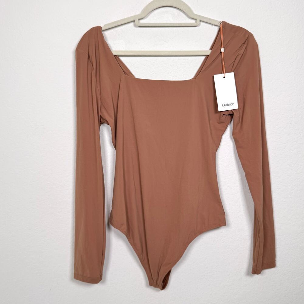 Quince Womens Second Skin Long Sleeve Bodysuit Size L Stretch Square Neck Brown